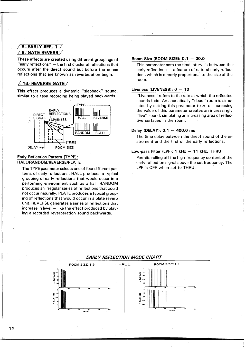 Reverse gate, Room size (room size): 0.1 - 20.0, Liveness (liveness): 0 -10 | Delay (delay): 0.1 - 400.0 ms | Yamaha REX50 User Manual | Page 12 / 115