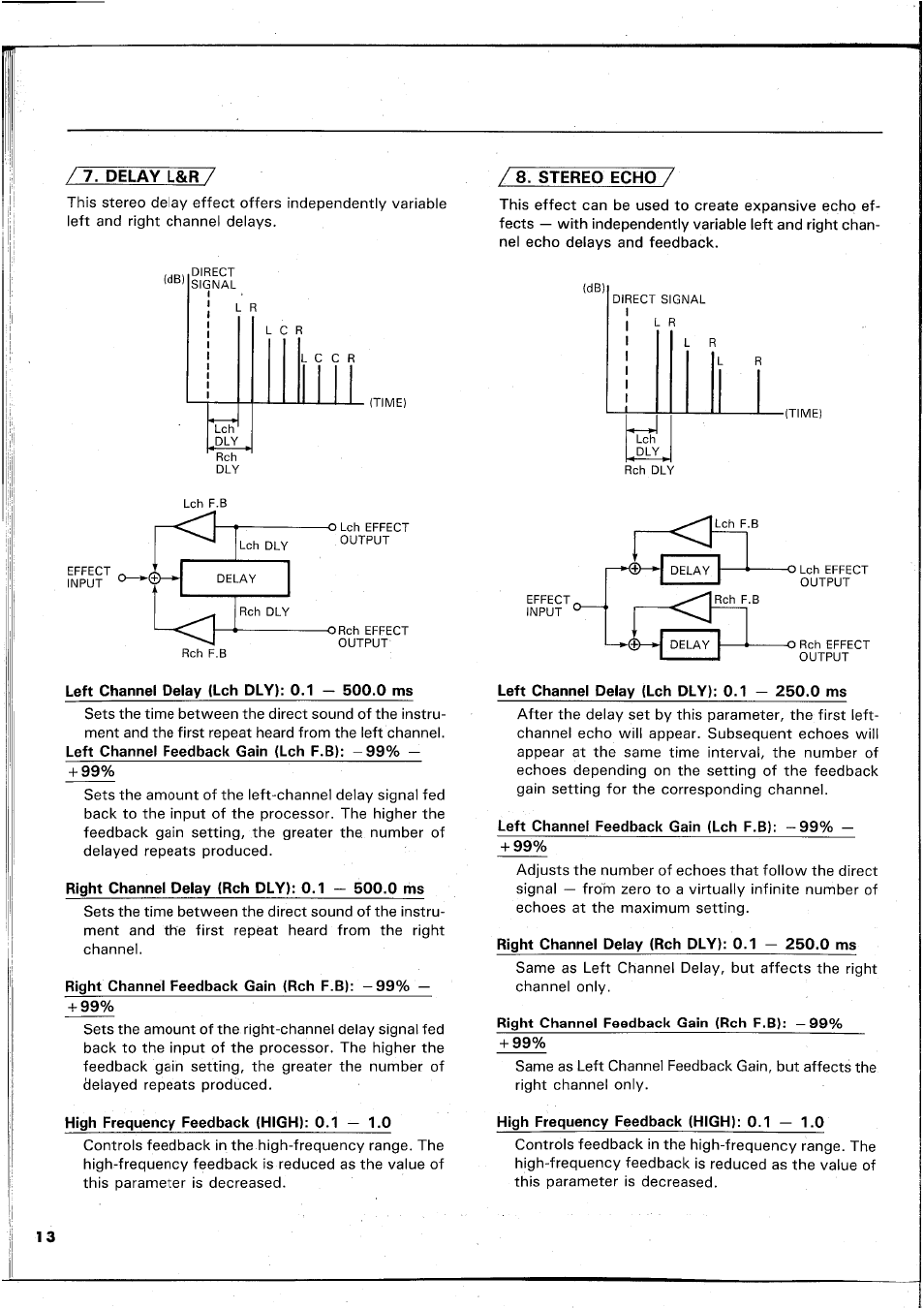 Left channel delay (lch dly): 0.1 — 500.0 ms, Right channel delay (rch dly): 0.1 — 500.0 ms, Right channel feedback gain (rch f.b): -99 | High frequency feedback (high): 0.1 — 1,0, Left channel delay (lch dly): 0.1 — 250.0 ms, Right channel delay (rch dly): 0.1 — 250.0 ms | Yamaha REX50 User Manual | Page 14 / 115