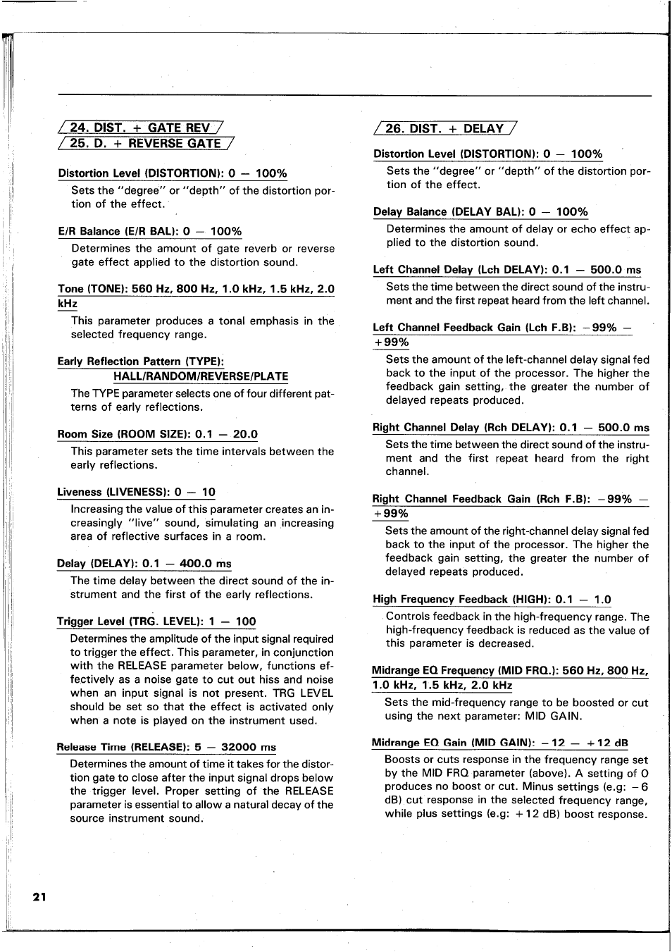 Distortion level (distortion): 0 - 100, Delay balance (delay bal): 0 - 100, Left channel delay (lch delay): 0.1 - 500.0 ms | Yamaha REX50 User Manual | Page 22 / 115