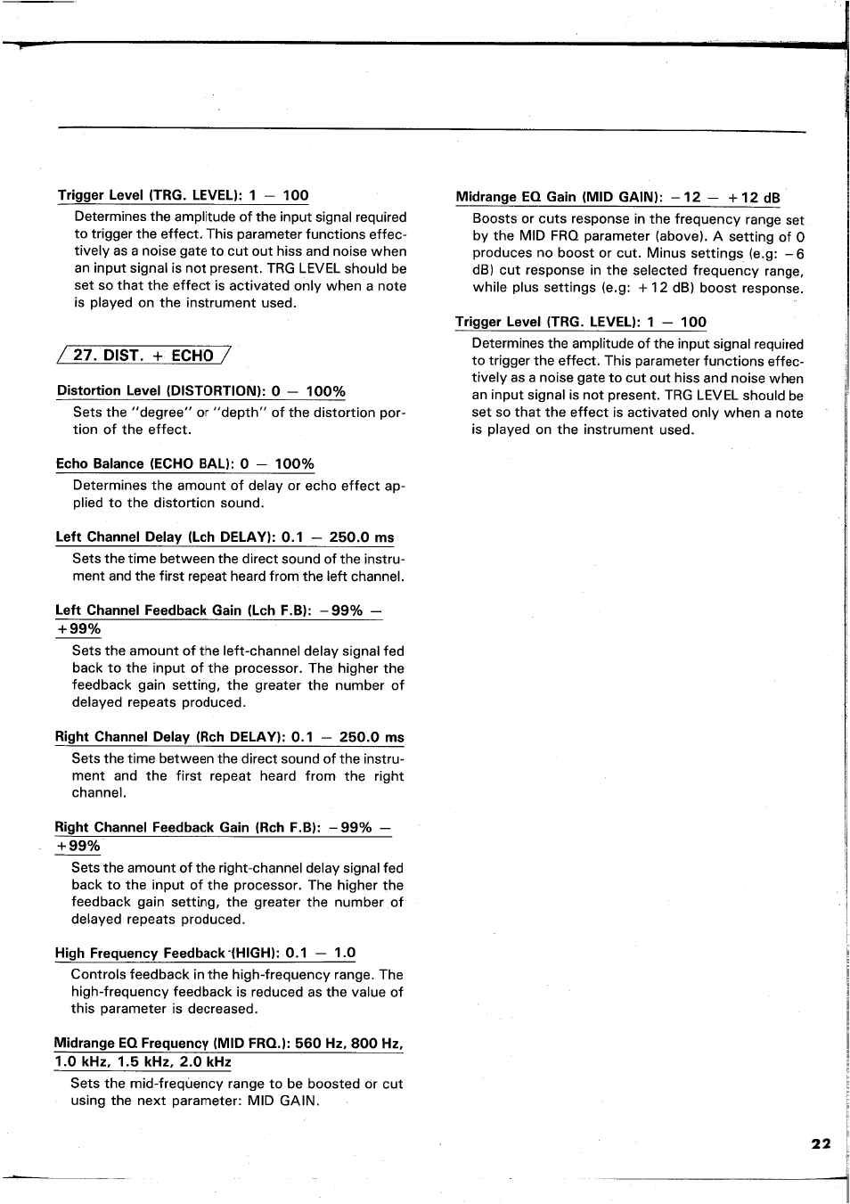 Dist. + echo, Left channel delay (lch delay): 0.1 - 250.0 ms, Dist | Echo | Yamaha REX50 User Manual | Page 23 / 115