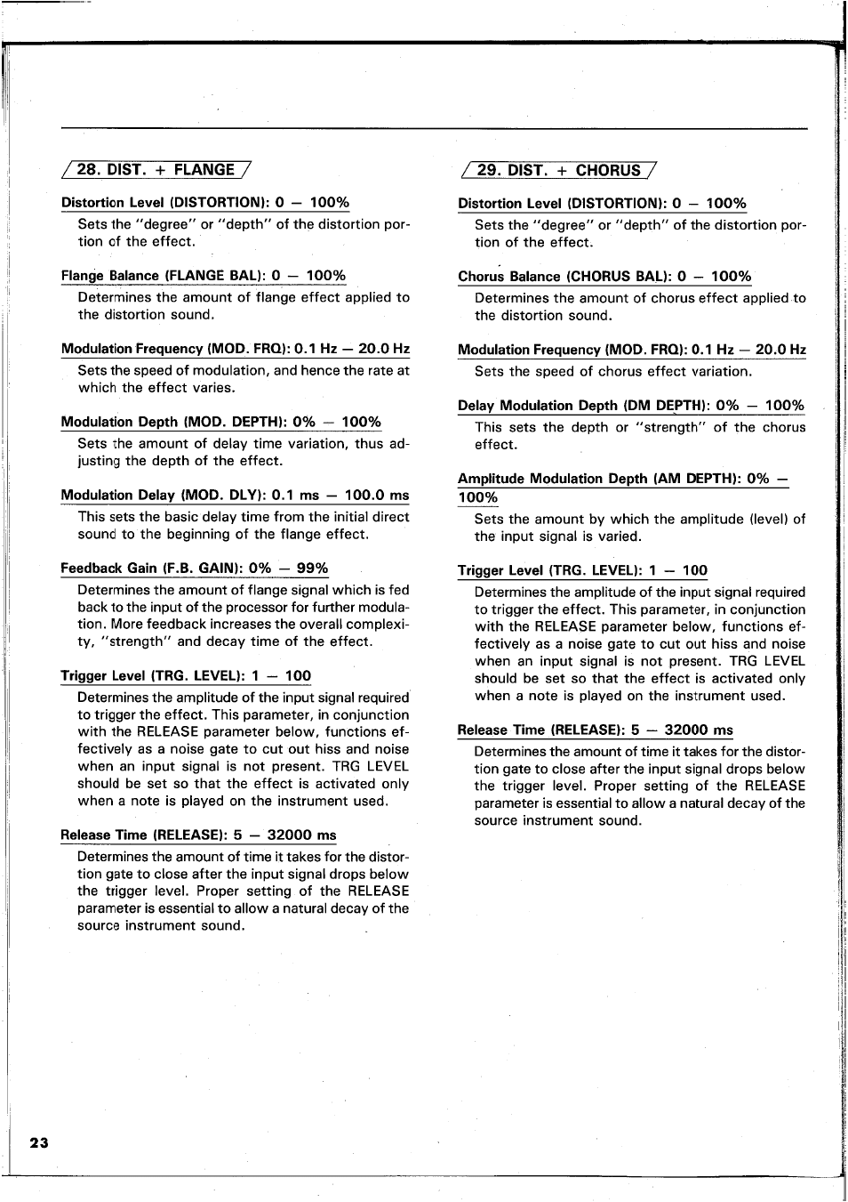 Distortion level (distortion): 0 - 100, Flange balance (flange bal): 0 - 100, Chorus balance (chorus bal): 0 - 100 | Yamaha REX50 User Manual | Page 24 / 115