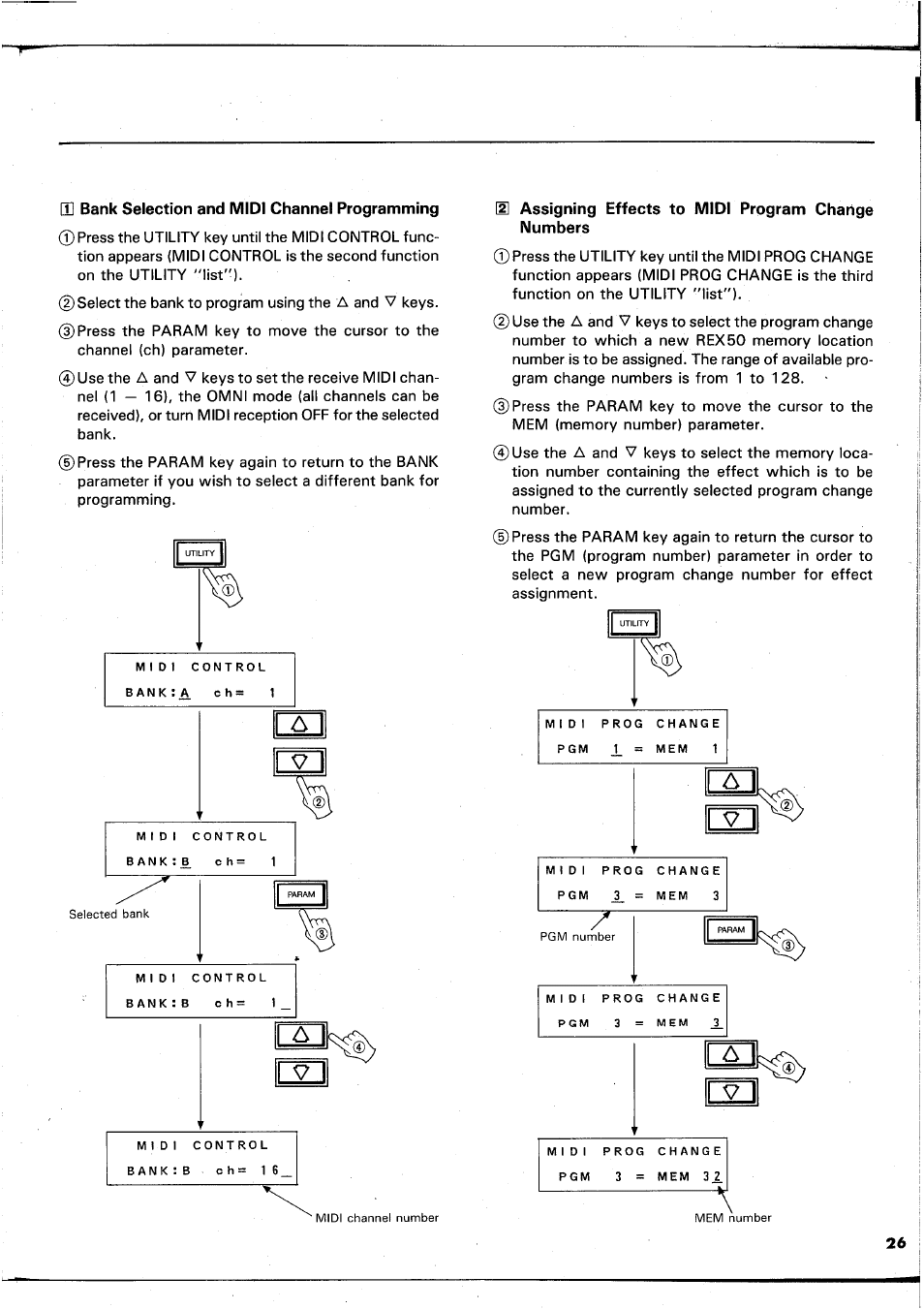 T] bank selection and midi channel programming, M assigning effects to midi program change numbers | Yamaha REX50 User Manual | Page 27 / 115