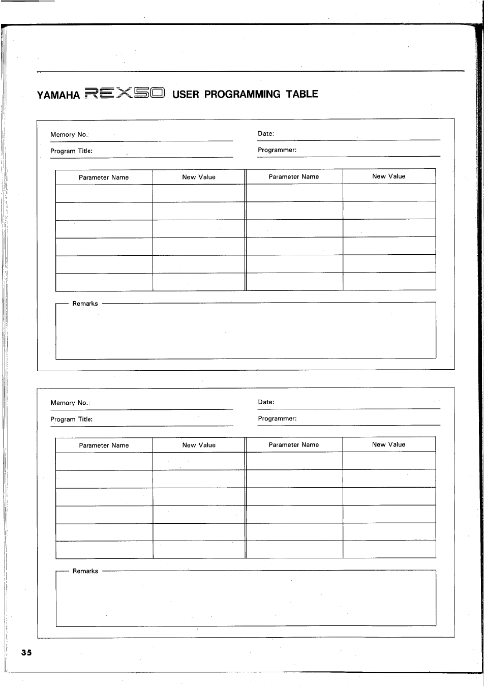 Yamaha rt'==j<sn\ user programming table, Rt'==j<sn, Yamaha | User programming table | Yamaha REX50 User Manual | Page 36 / 115