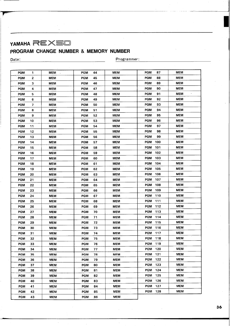 Yamaha, Program change number & memory number | Yamaha REX50 User Manual | Page 37 / 115