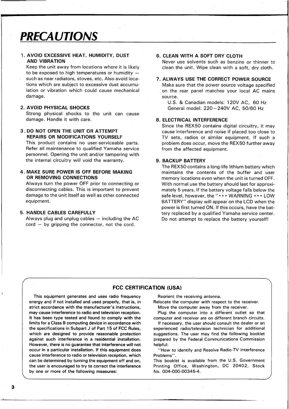 Precautions, Fcc certification (usa) | Yamaha REX50 User Manual | Page 4 / 115