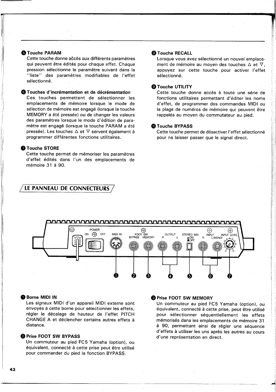 0 touche par am, O touches d'incrémentation et de décrémentation, 0 touche store | 0 touche recall, 0 touche utility, 0 touche bypass, O borne midi in, 0 prise foot sw bypass, Prise foot sw memory | Yamaha REX50 User Manual | Page 44 / 115