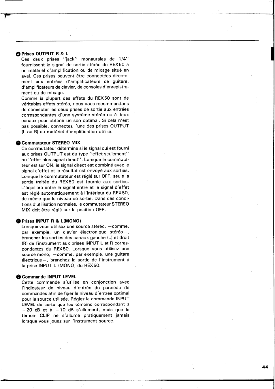 O prises output r & l, 0 commutateur stereo mix, 0 prises input r & l(mono) | 0 commande input level | Yamaha REX50 User Manual | Page 45 / 115