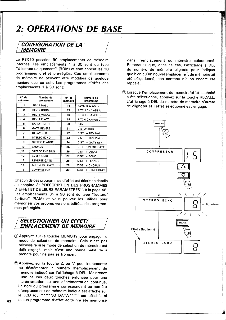 Operations de base, 2; operations de base, Ljûemg!re | Configura tion de la, Selectionner un effet | Yamaha REX50 User Manual | Page 46 / 115