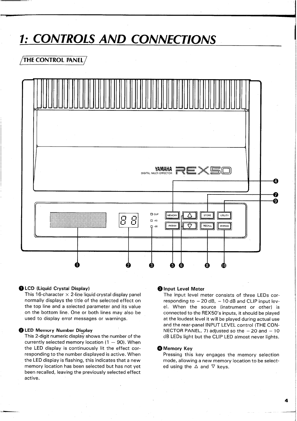 Controls and connections, Olcd (liquid crystal display), 0led memory number display | 0 input level meter, O memory key, 1; controls and connections | Yamaha REX50 User Manual | Page 5 / 115