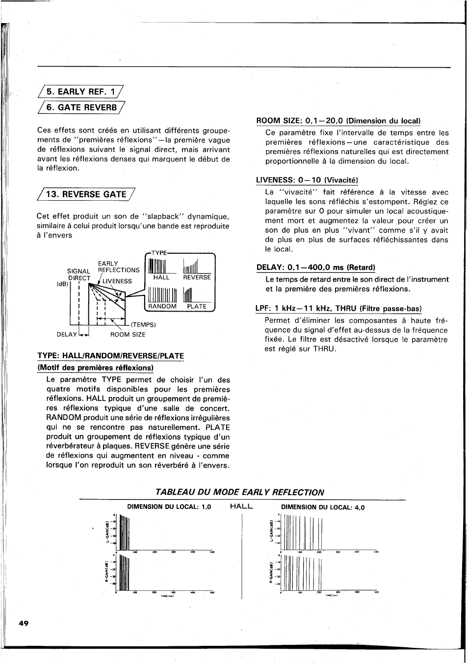 Early ref. 1, Gate reverb, Reverse gate | Delay: 0,1-400,0 ms (retard) | Yamaha REX50 User Manual | Page 50 / 115