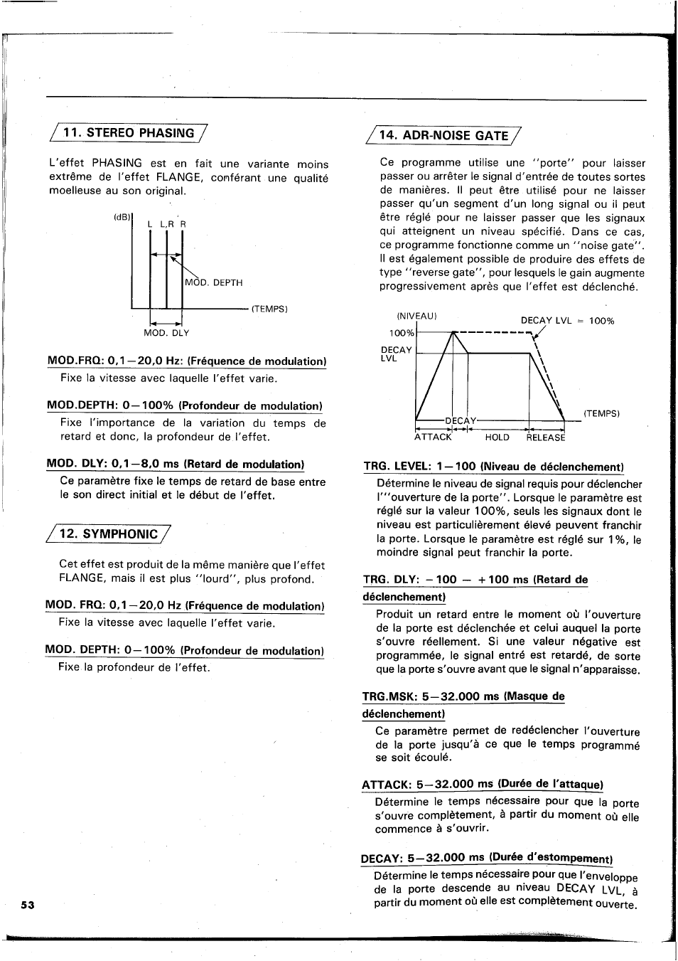 Adr-noise gate, Mod.frq: 0,1 —20,0 hz: (fréquence de modulation), Mop.depth: 0—100% (profondeur de modulation) | Mop. dly: 0,1—8,0 ms (retard de modulation), Symphonic, Mop. frq: 0,1—20,0 hz (fréquence de modulation), Mop. depth: 0—100% (profondeur de modulation), Trg. level: 1 — 100 (niveau de déclenchement), Trg.msk: 5-32.000 ms (masque de déclenchement), Attack: 5-32.000 ms (durée de l'attaque) | Yamaha REX50 User Manual | Page 54 / 115