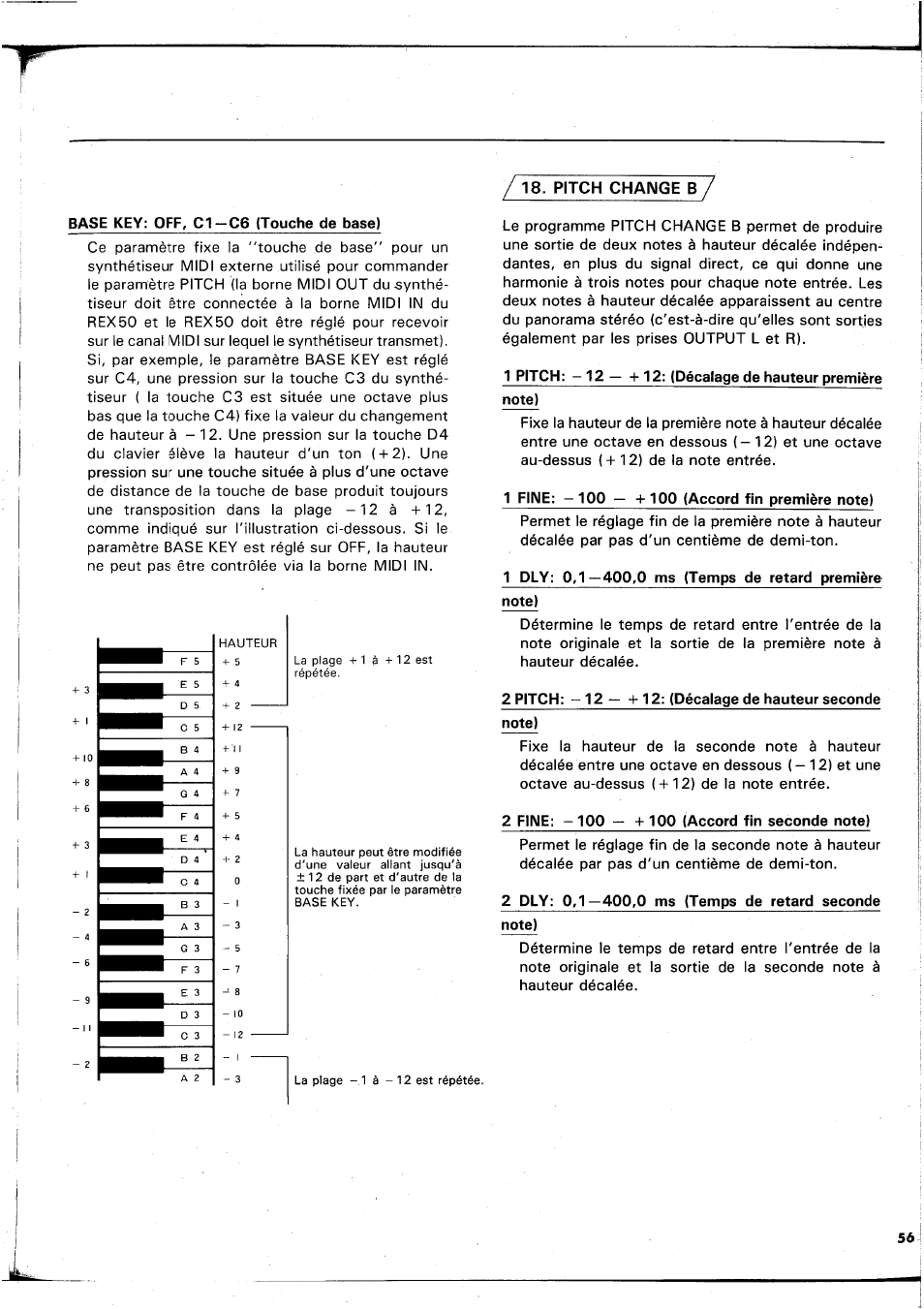 Base key: off, c1-c6 (touche de base), 1 pitch: — 12 h 12: (décalage de hauteur première, 1 fine: - 100 — 100 (accord fin première note) | 1 dly: 0,1—400,0 ms (temps de retard première, 2 pitch: -12 —[-12: (décalage de hauteur seconde, Note), 2 fine: -100 — -1-100 (accord fin seconde note), 2 dly: 0,1—400,0 ms (temps de retard seconde note), Pitch change b | Yamaha REX50 User Manual | Page 57 / 115