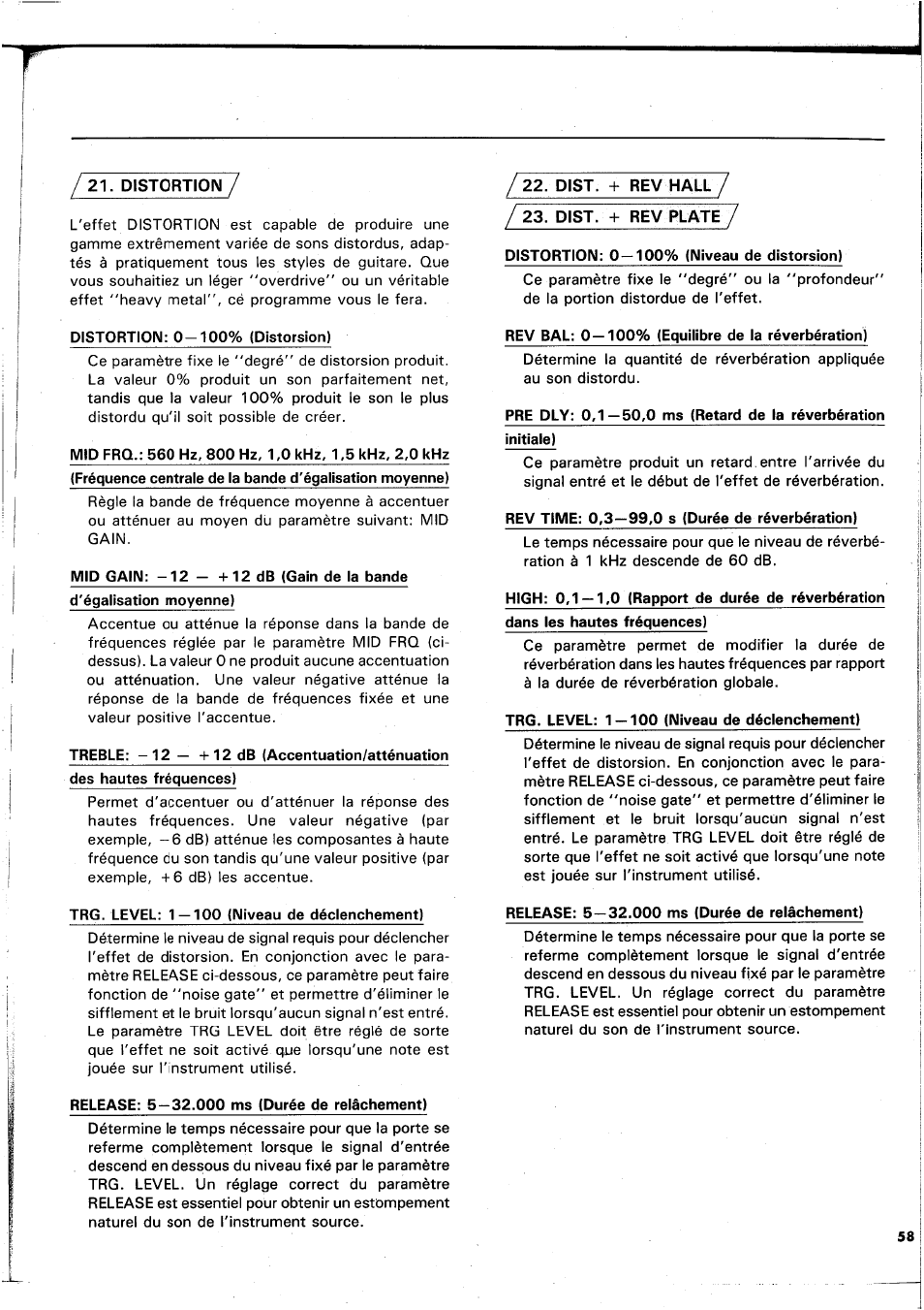 Distortion, Dist. -f rev hall7 / 23. disi. -f rev plate7, High: 0,1 —1,0 (rapport de durée de réverbération | Yamaha REX50 User Manual | Page 59 / 115