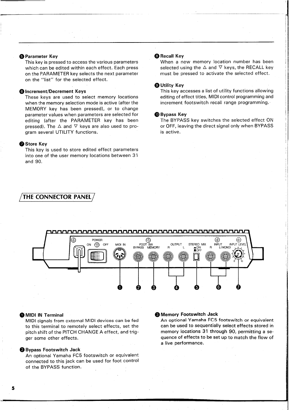 0 parameter key, 0 increment/decrement keys, 0 store key | 0 recall key, 0 utility key, 0 bypass key, Omidi iim terminal, 0 bypass footswitch jack, I memory footswitch jack | Yamaha REX50 User Manual | Page 6 / 115