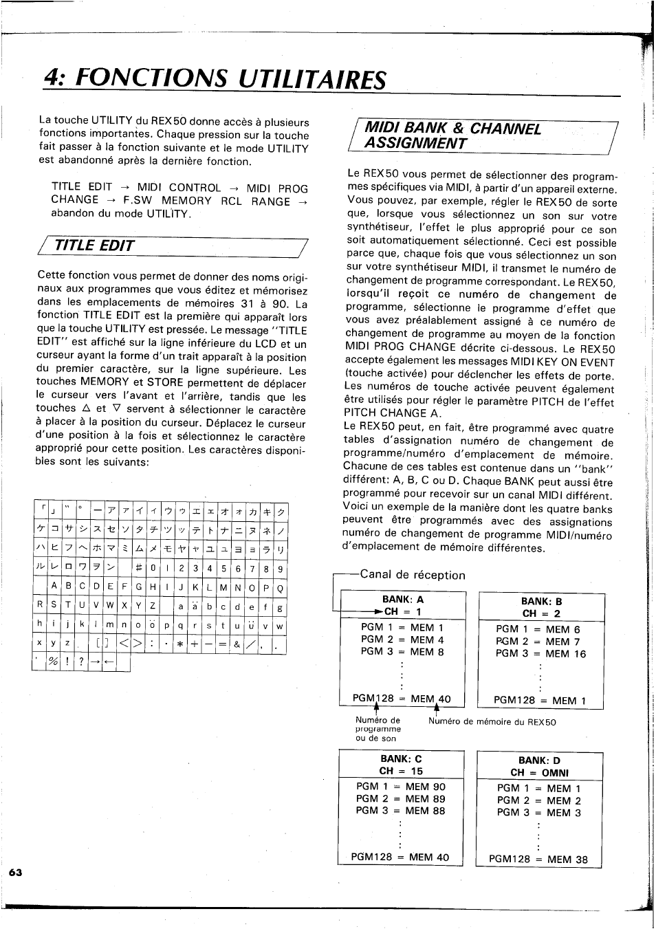 Fonctions utilitaires, Title edit, Midi bank & channel | Yamaha REX50 User Manual | Page 64 / 115