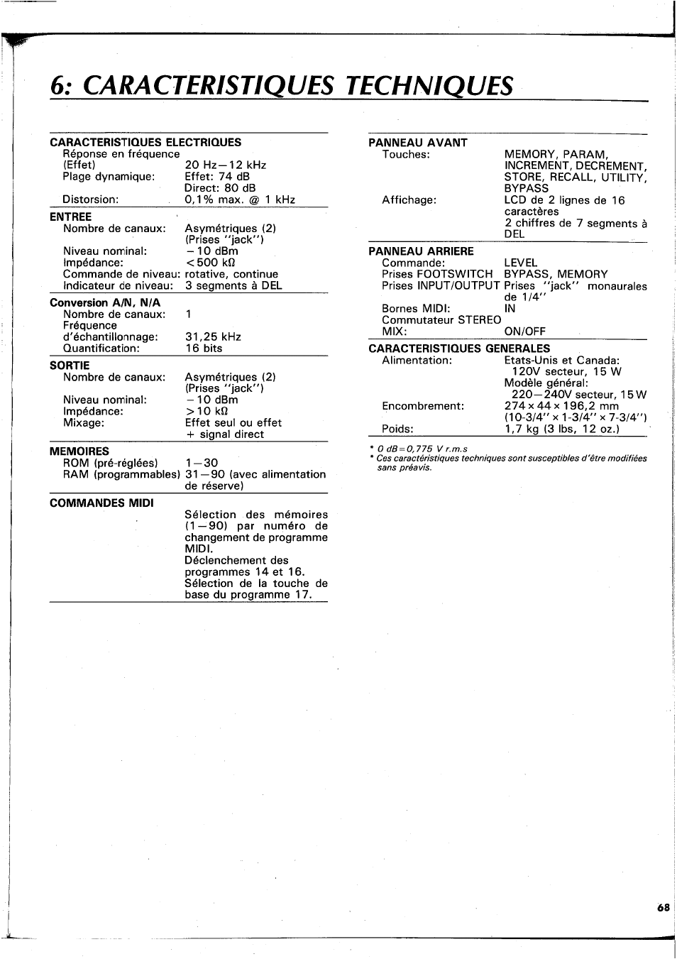 Caracteristiques techniques | Yamaha REX50 User Manual | Page 69 / 115