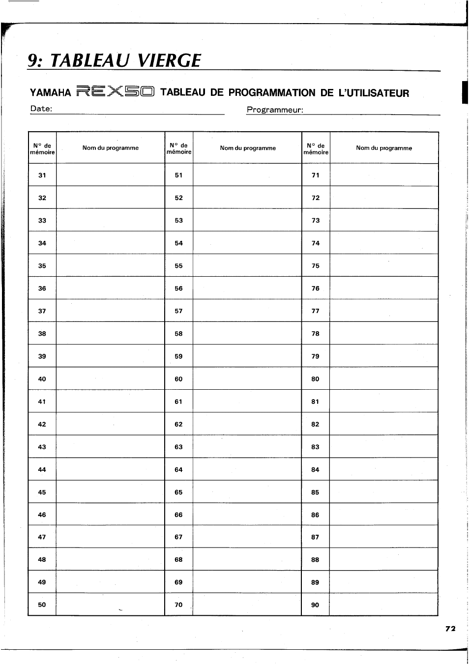 Tableau vierge, 0 tableau de programmation de l’utilisateur, Yamaha | Yamaha REX50 User Manual | Page 73 / 115