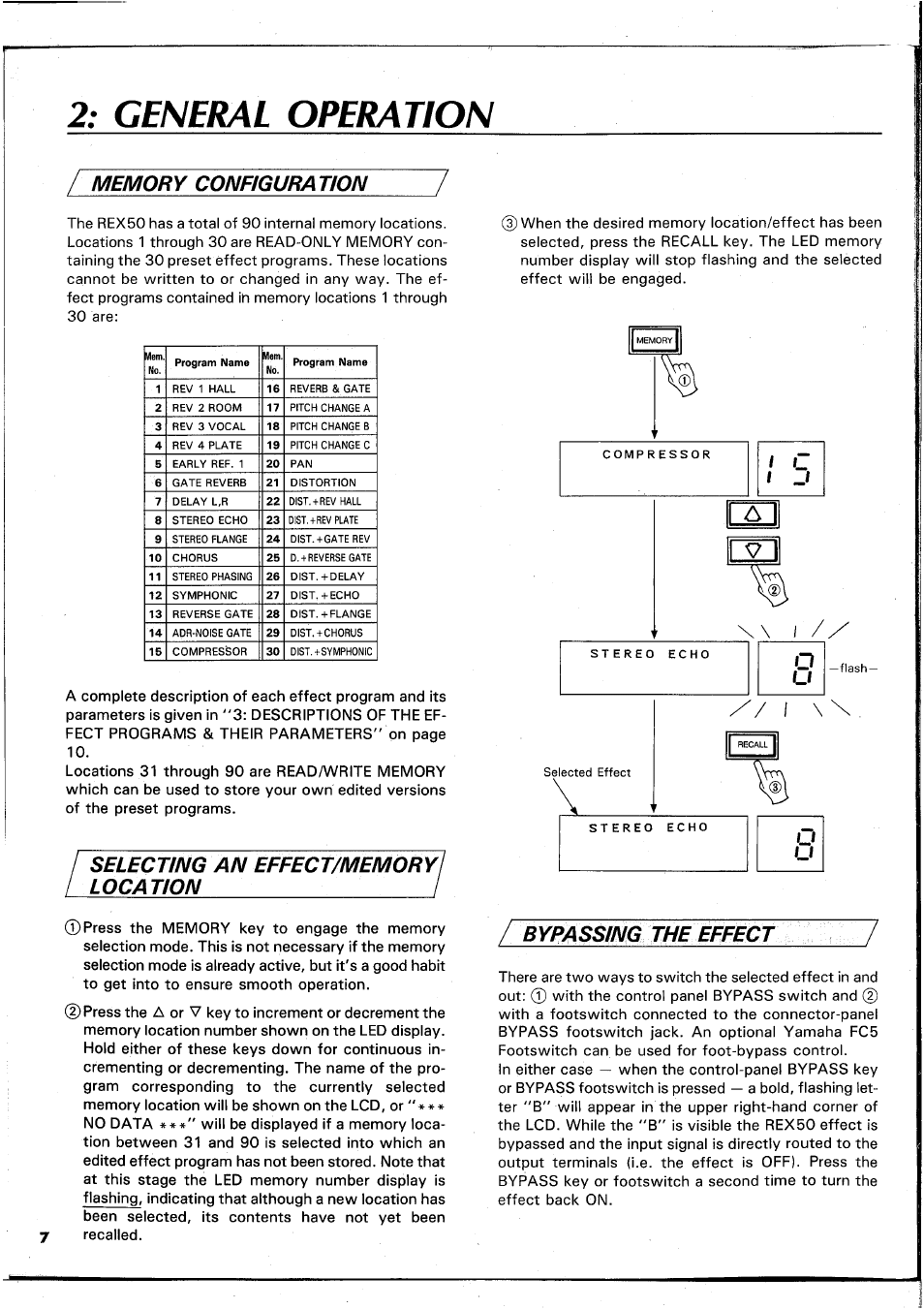 2; general operation, General operation, Location | Bypassing the effect | Yamaha REX50 User Manual | Page 8 / 115