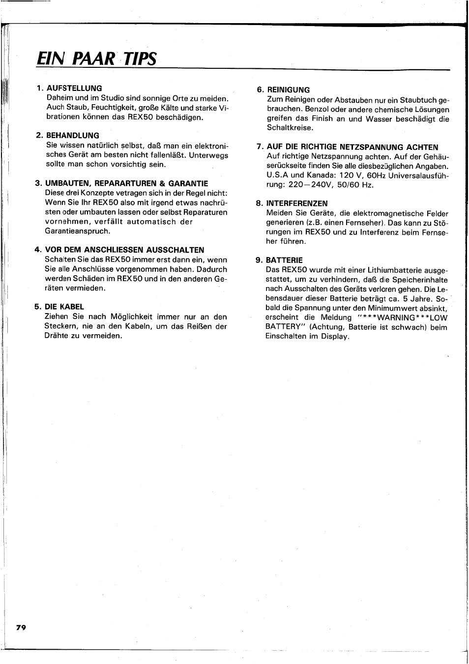 Ein paar tips, Aufstellung, Behandlung | Umbauten, repararturen & garantie, Vor dem anschliessen ausschalten, Die kabel, Reinigung, Auf die richtige netzspannung achten, Interferenzen, Batterie | Yamaha REX50 User Manual | Page 80 / 115