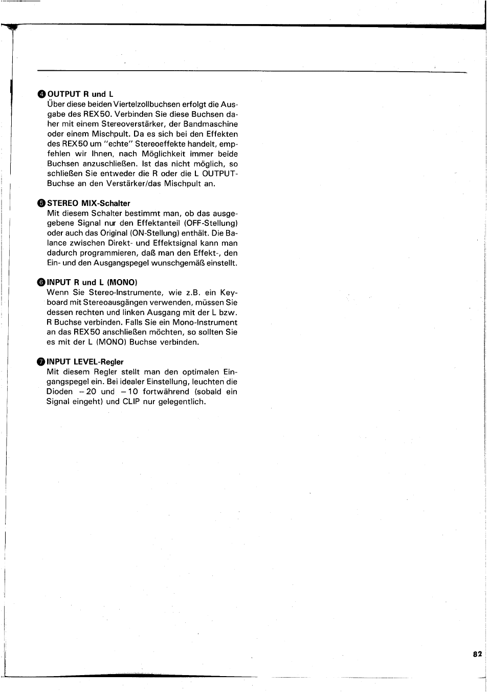 O output r und l, O stereo mix-schalter, Input r und l (mono) | O input level-regler | Yamaha REX50 User Manual | Page 83 / 115