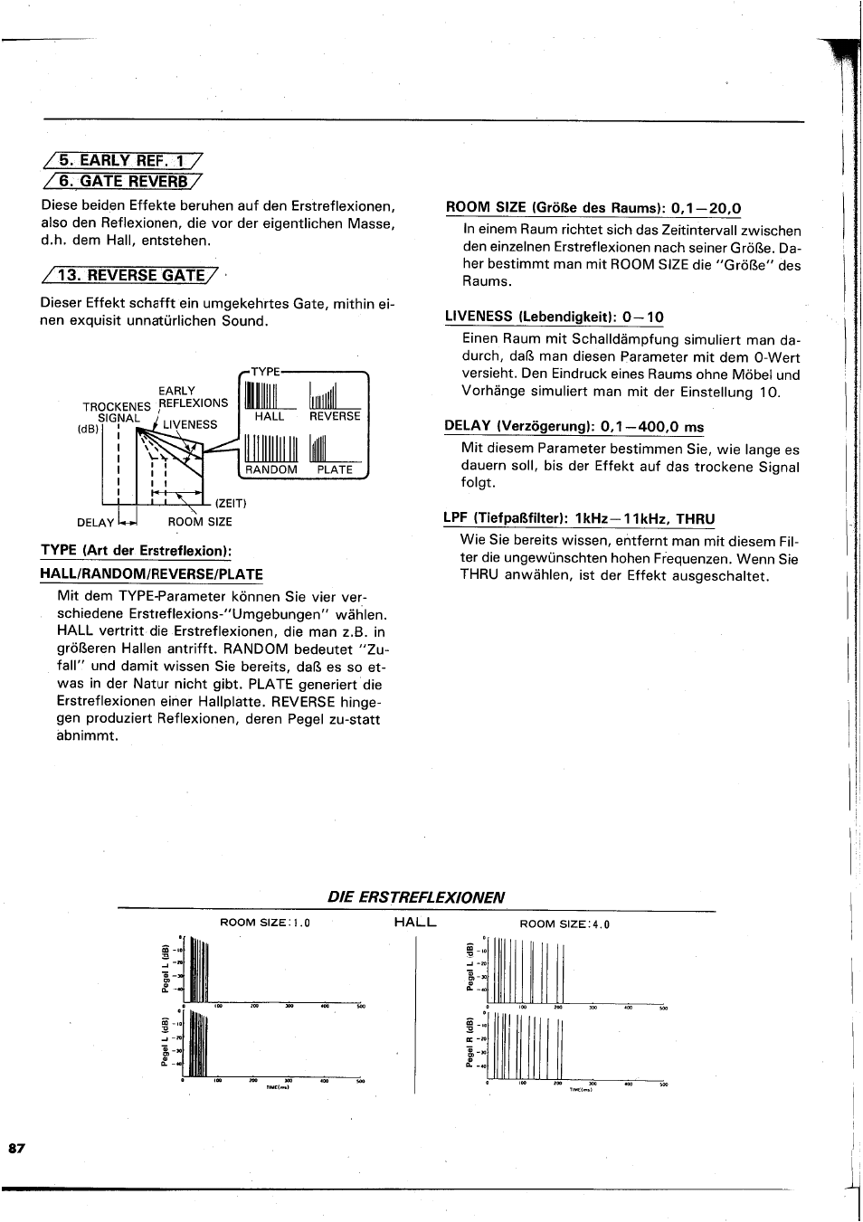 Early ref. 1, Gate reverb, Reverse gate | Room size (größe des raums): 0,1—20,0, Liveness (lebendigkeit): 0-10, Delay (verzögerung): 0,1—400,0 ms, Lpf (tiefpaßfilter): 1khz-11khz, thru, Early ref.1 | Yamaha REX50 User Manual | Page 88 / 115