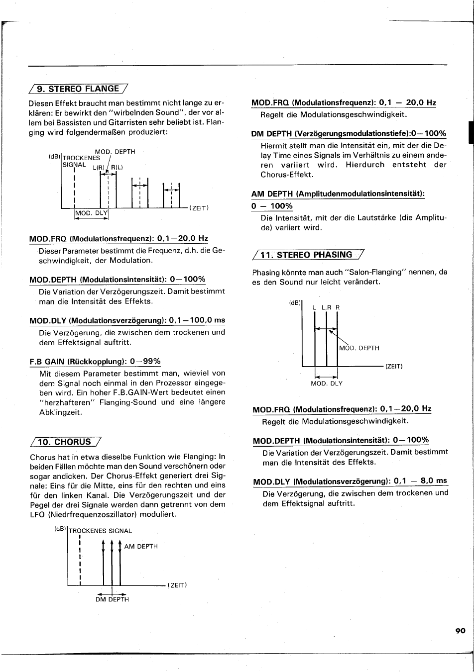 Mod.frq (modulationsfrequenz): 0,1—20,0 hz, Mod.depth (modulationsintensität): 0 — 100, Mod.dly (modulationsverzögerung): 0,1 — 100,0 ms | F.b gain (rückkopplung): 0 — 99, Chorus, Mod.frq (modulationsfrequenz): 0,1 — 20,0 hz, Dm depth (verzögerungsmodulationstiefe):0—100, Am depth (amplitudenmodulationsintensität), Stereo phasing ~7, Mod.depth (modulationsintensität): 0—100 | Yamaha REX50 User Manual | Page 91 / 115