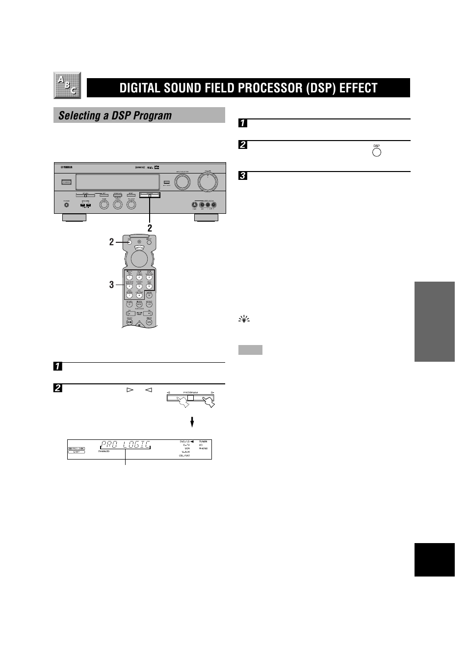 Digital sound field processor (dsp) effect, Selecting a dsp program, On the remote control | On the front panel | Yamaha DSP-A5 User Manual | Page 25 / 63
