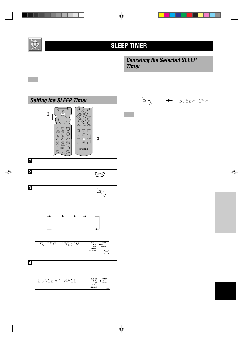 Sleep timer, Canceling the selected sleep timer, Setting the sleep timer 1 | Yamaha DSP-A5 User Manual | Page 37 / 63