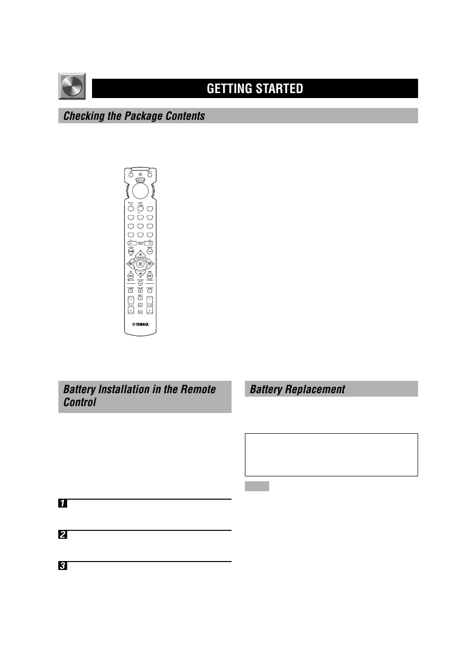 Getting started, Checking the package contents, Battery installation in the remote control 1 | Battery replacement | Yamaha DSP-A5 User Manual | Page 4 / 63