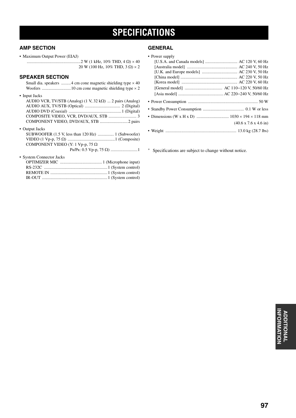 Specifications | Yamaha YSP-1000 User Manual | Page 101 / 106