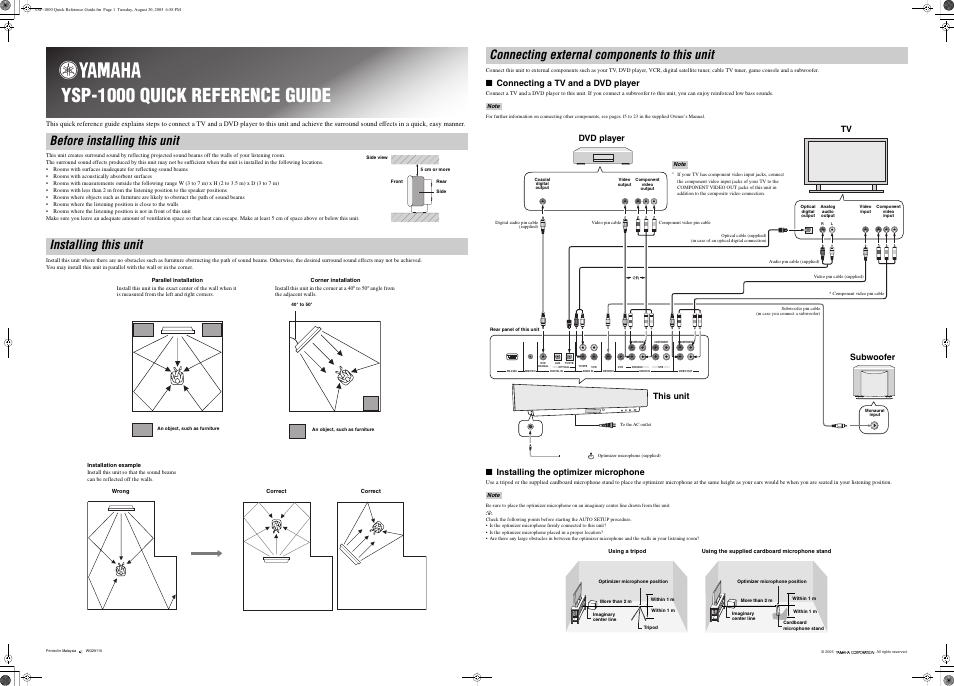 Quick reference guide, Ysp-1000 quick reference guide, Before installing this unit installing this unit | Connecting external components to this unit, Connecting a tv and a dvd player, Installing the optimizer microphone, This unit dvd player tv, Subwoofer | Yamaha YSP-1000 User Manual | Page 105 / 106