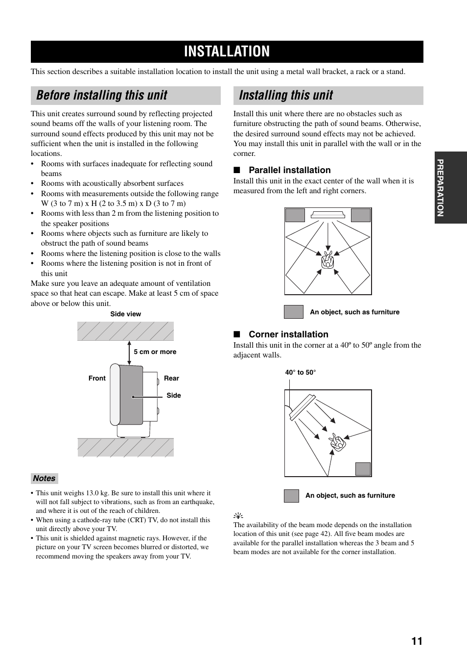 Preparation, Installation, Before installing this unit | Installing this unit | Yamaha YSP-1000 User Manual | Page 15 / 106