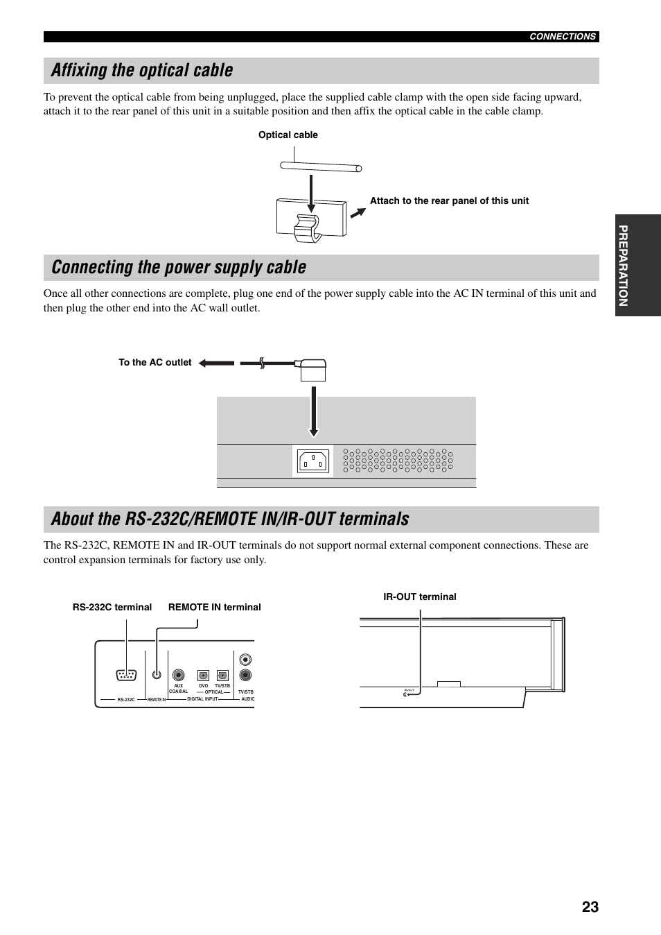 Affixing the optical cable, Connecting the power supply cable, About the rs-232c/remote in/ir-out terminals | Yamaha YSP-1000 User Manual | Page 27 / 106