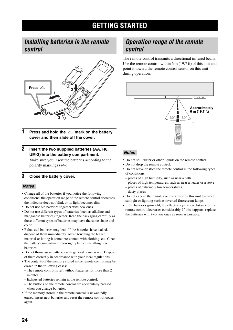 Setup, Getting started, Installing batteries in the remote control | Operation range of the remote control | Yamaha YSP-1000 User Manual | Page 28 / 106