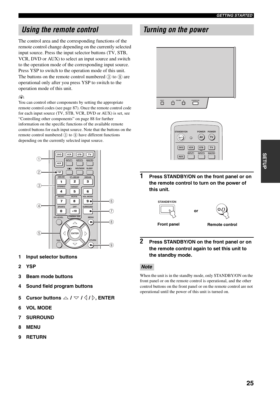 Using the remote control, Turning on the power | Yamaha YSP-1000 User Manual | Page 29 / 106