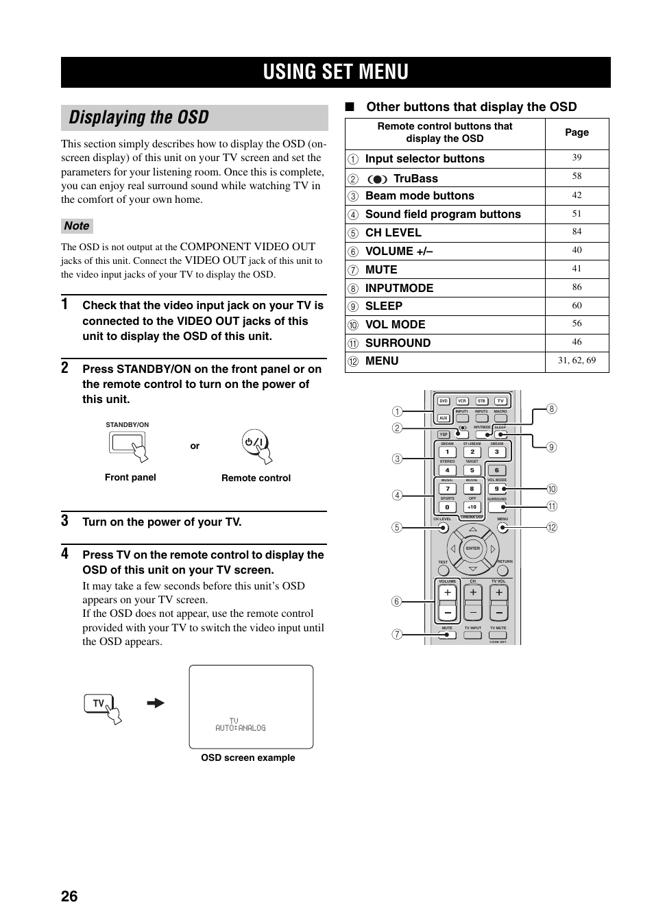 Using set menu, Displaying the osd, Other buttons that display the osd | Component video out, Video out, Turn on the power of your tv, 1 input selector buttons, 2trubass, 3 beam mode buttons, 4 sound field program buttons | Yamaha YSP-1000 User Manual | Page 30 / 106