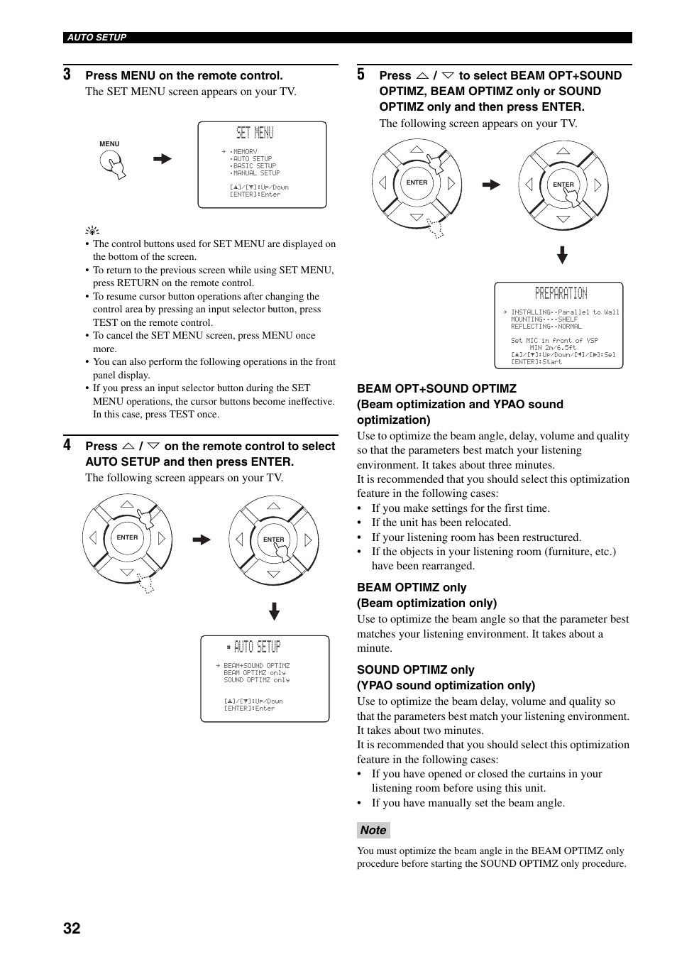 Set menu, Auto setup, Preparation | Yamaha YSP-1000 User Manual | Page 36 / 106