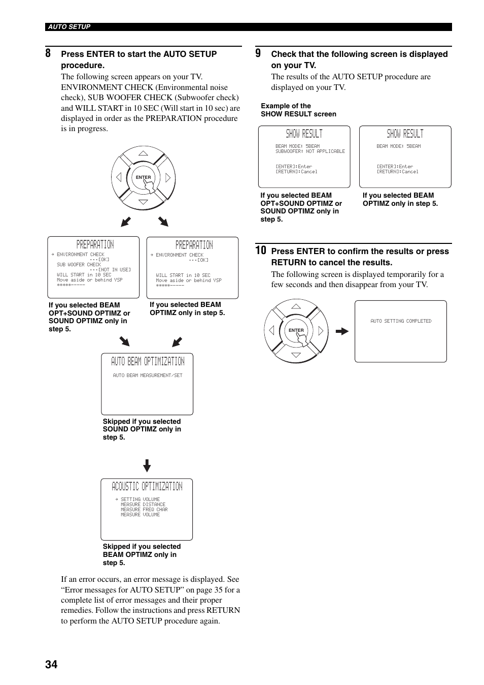 Preparation, Auto beam optimization, Acoustic optimization | Show result | Yamaha YSP-1000 User Manual | Page 38 / 106