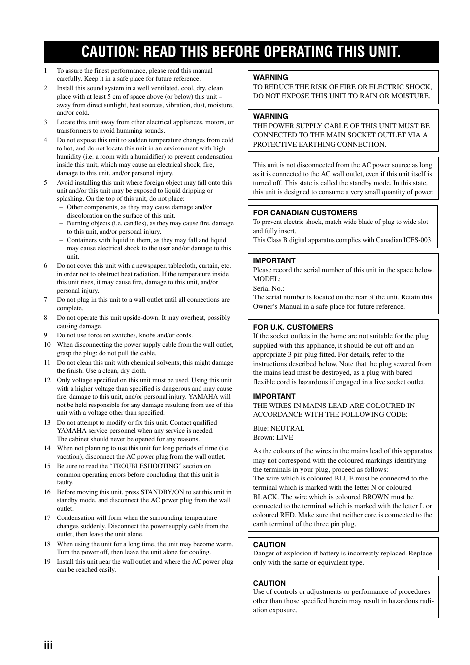 Caution: read this before operating this unit | Yamaha YSP-1000 User Manual | Page 4 / 106