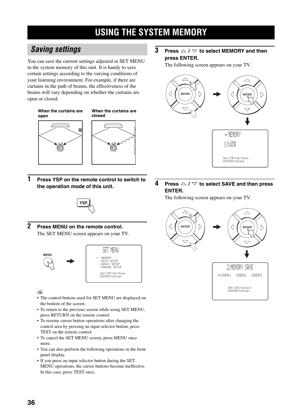 Using the system memory, Saving settings, Set menu | Yamaha YSP-1000 User Manual | Page 40 / 106