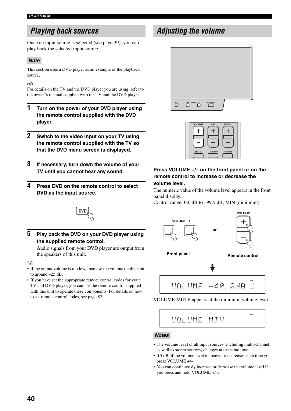 Playing back sources, Adjusting the volume | Yamaha YSP-1000 User Manual | Page 44 / 106