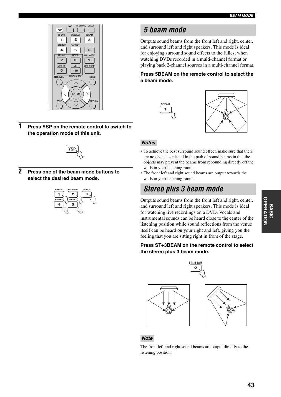 5 beam mode, Stereo plus 3 beam mode, Ba s ic op era t io n | Yamaha YSP-1000 User Manual | Page 47 / 106