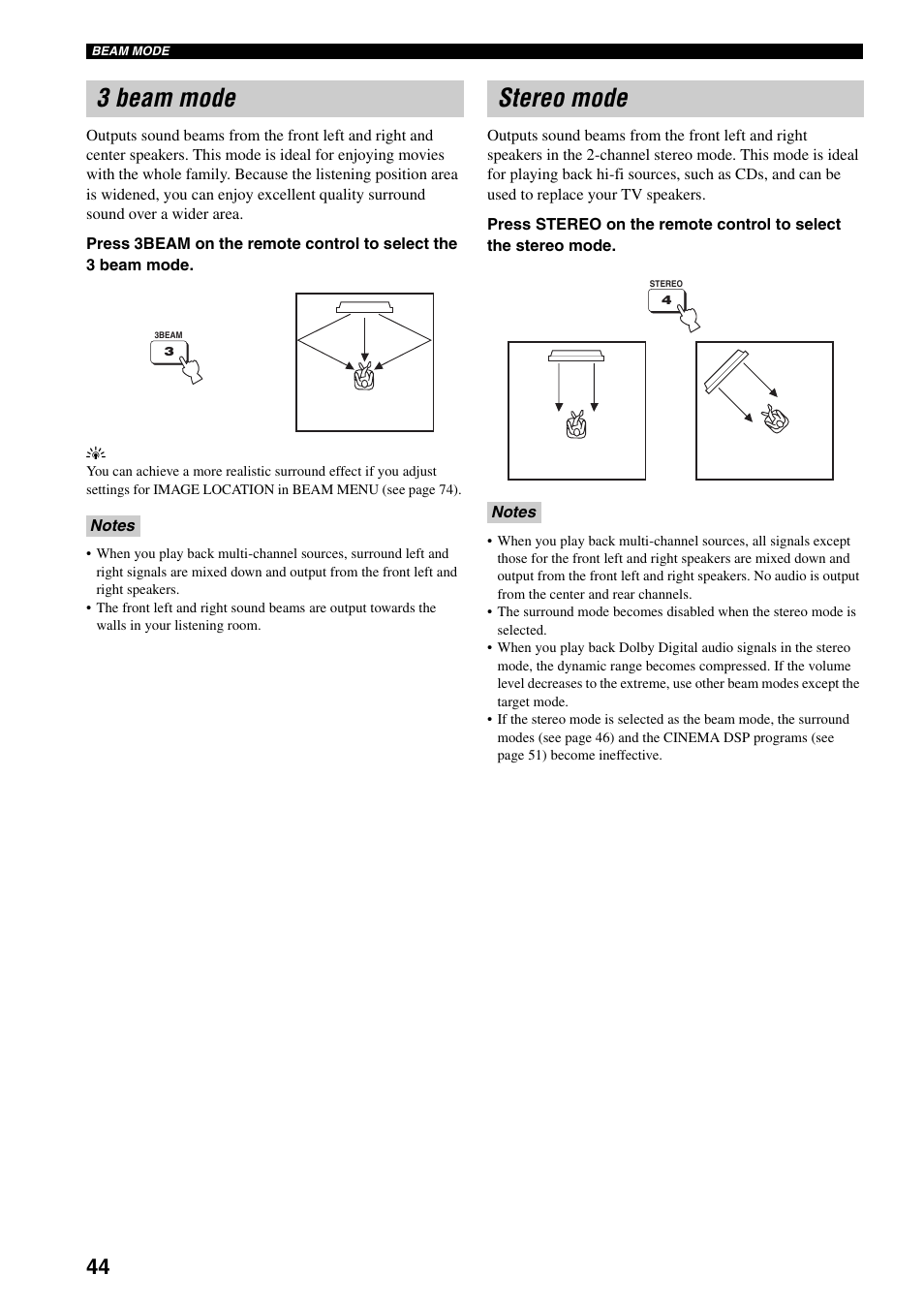 3 beam mode, Stereo mode | Yamaha YSP-1000 User Manual | Page 48 / 106