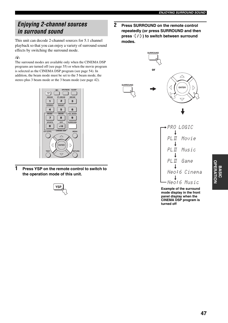 Enjoying 2-channel sources in surround sound | Yamaha YSP-1000 User Manual | Page 51 / 106