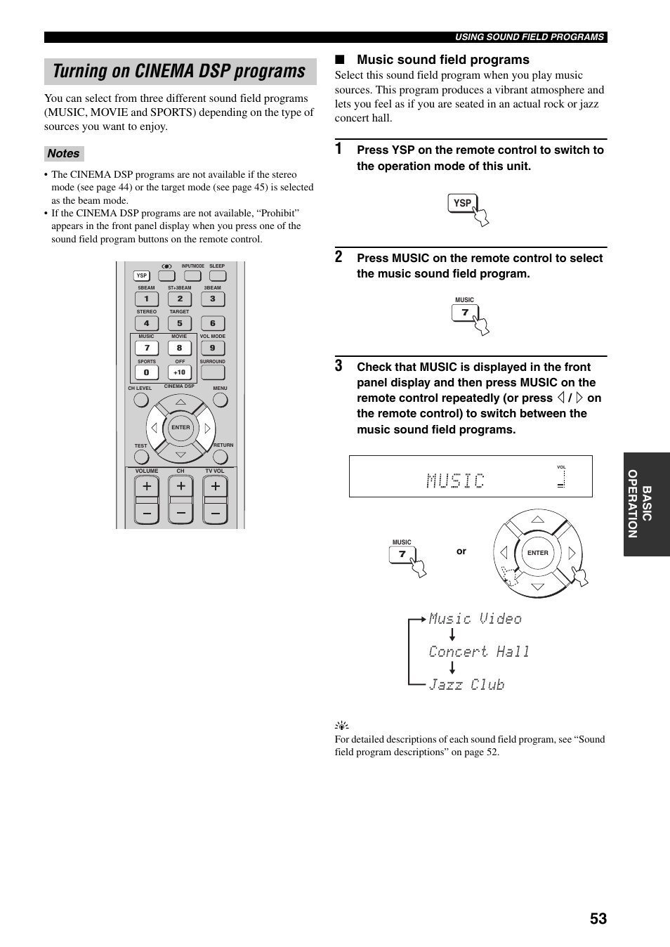 Turning on cinema dsp programs, Music video concert hall jazz club, Music sound field programs | Yamaha YSP-1000 User Manual | Page 57 / 106