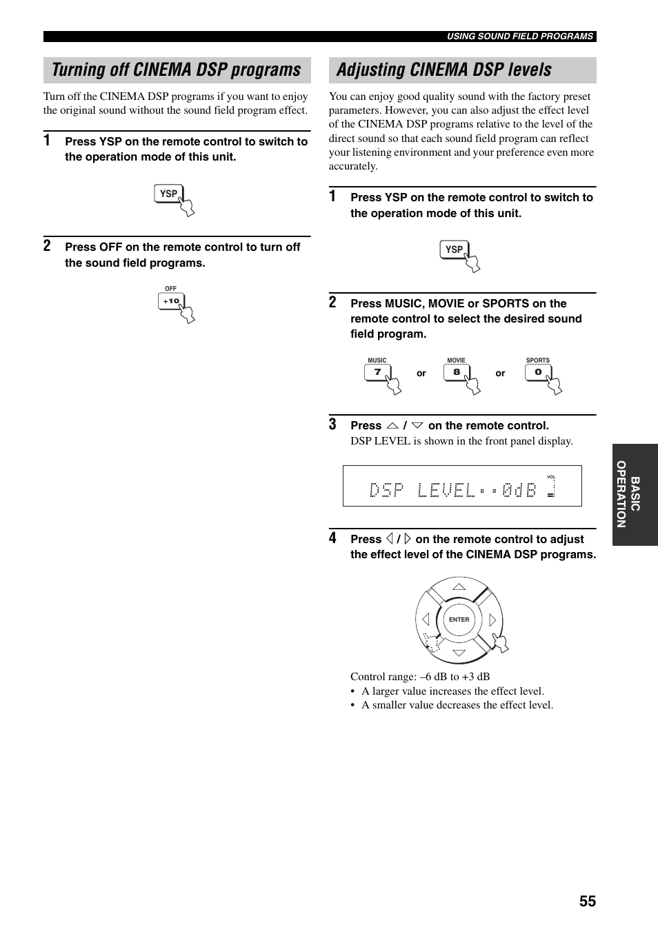 Turning off cinema dsp programs, Adjusting cinema dsp levels | Yamaha YSP-1000 User Manual | Page 59 / 106