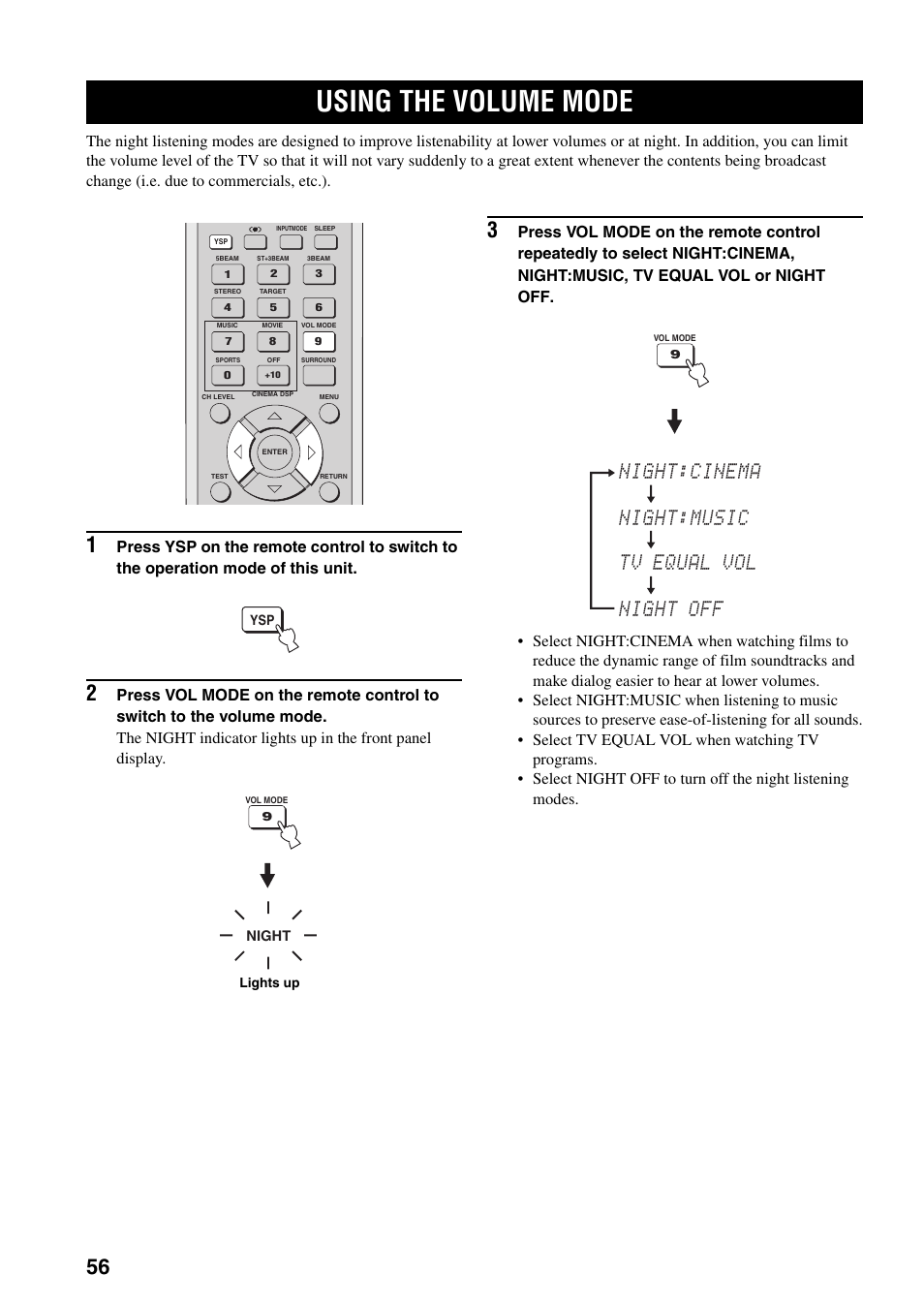 Using the volume mode, Night:cinema night:music tv equal vol night off | Yamaha YSP-1000 User Manual | Page 60 / 106