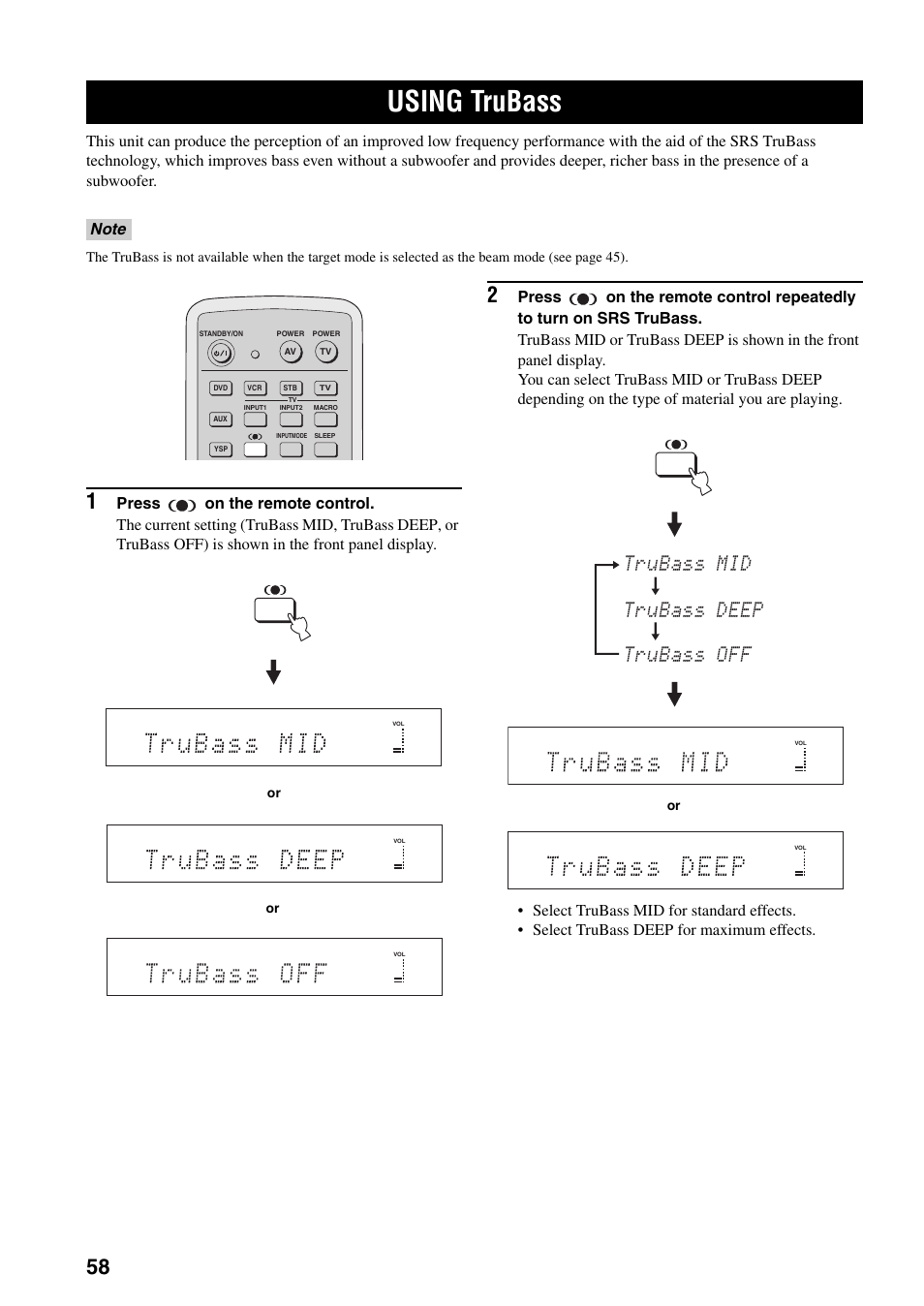 Using trubass, Trubass mid trubass deep trubass off | Yamaha YSP-1000 User Manual | Page 62 / 106