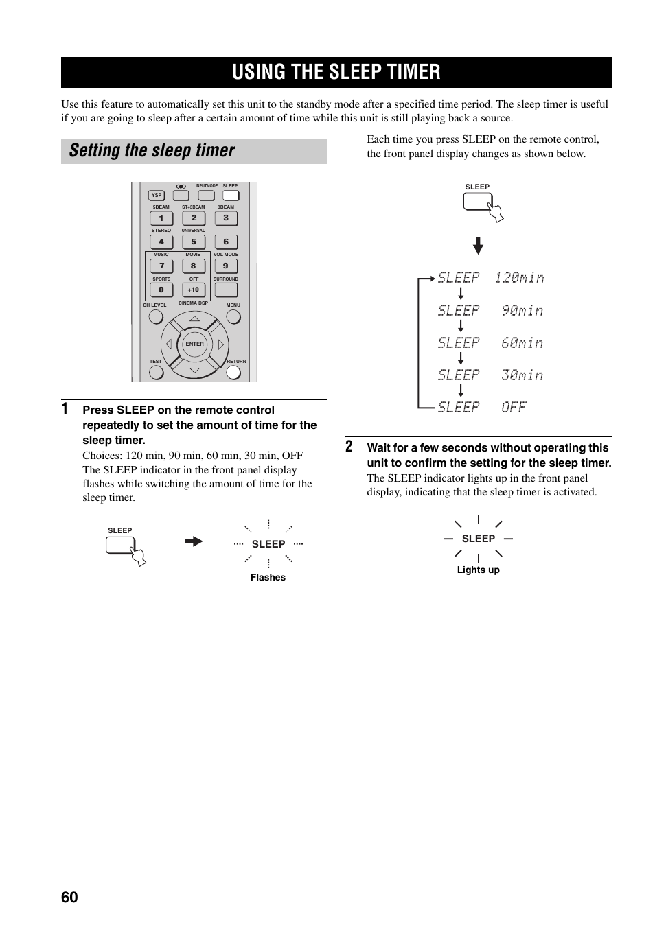 Using the sleep timer, Setting the sleep timer | Yamaha YSP-1000 User Manual | Page 64 / 106
