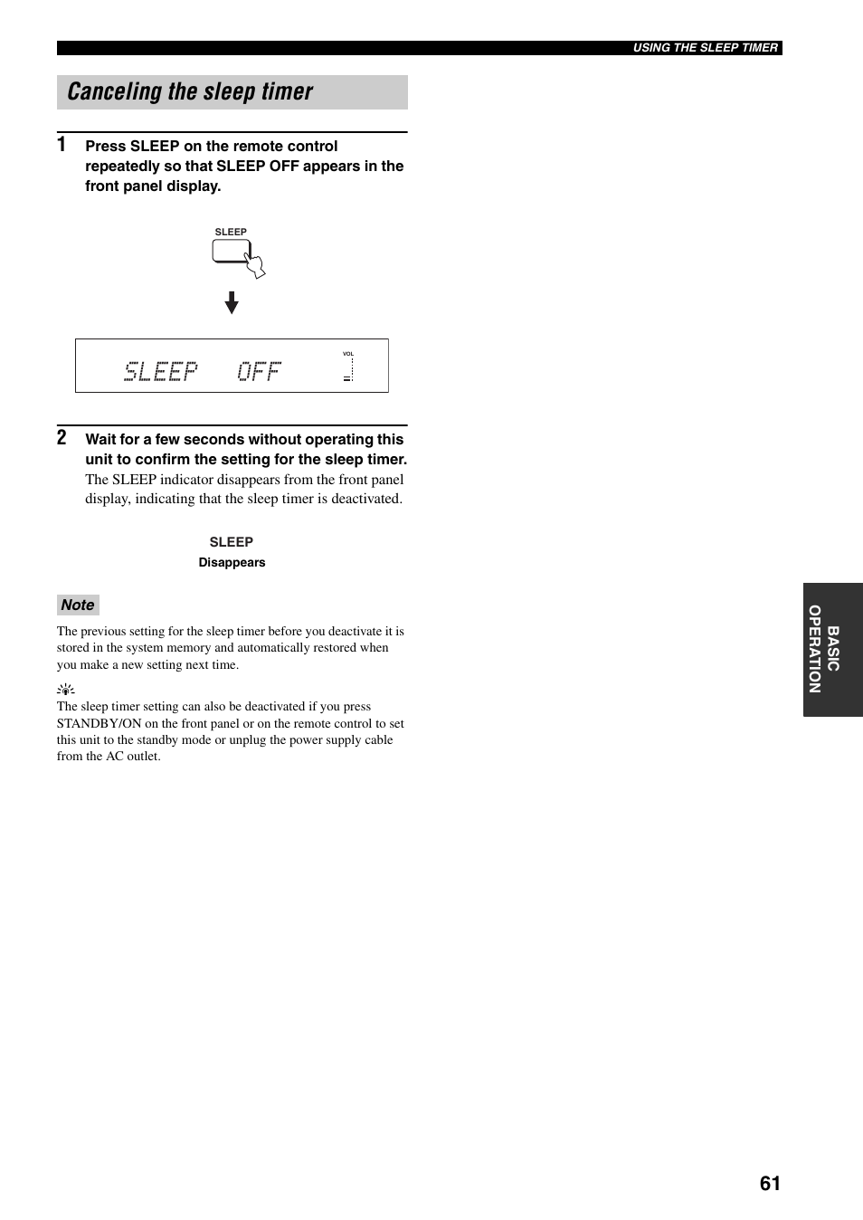 Canceling the sleep timer, Sleep off | Yamaha YSP-1000 User Manual | Page 65 / 106